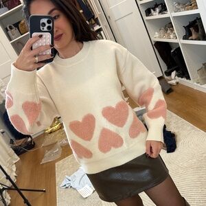 TENDER FUZZY HEART JACQUARD KNIT SWEATER IN IVORY